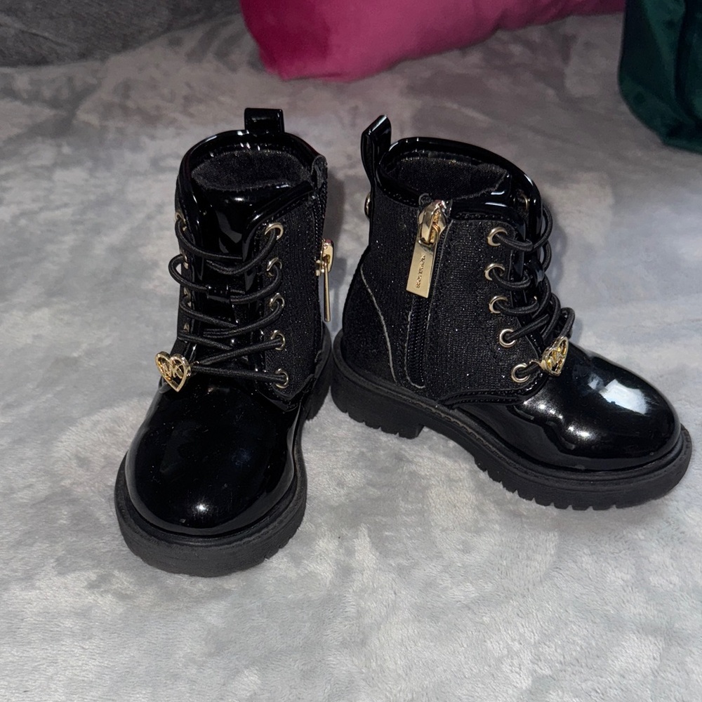 Black Patent Michael Kors Leather Booties with Gold Accents